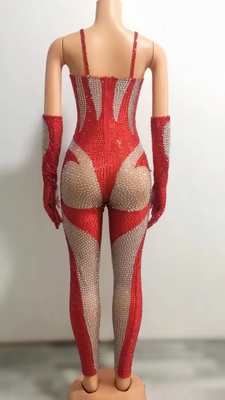 Kimshein High Fashion Netted Jumpsuit with Diamond Spaghetti Straps Women's Crystal Cutout Performance Suit Netted Fabric