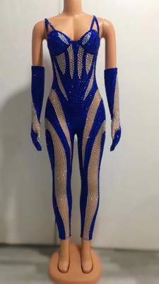Kimshein High Fashion Netted Jumpsuit with Diamond Spaghetti Straps Women's Crystal Cutout Performance Suit Netted Fabric