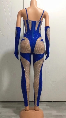 Kimshein High Fashion Netted Jumpsuit with Diamond Spaghetti Straps Women's Crystal Cutout Performance Suit Netted Fabric