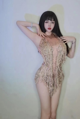 Kimshein AD1545 Women's Sleeveless Sheer Fringe Bodysuit Gold Tassel Tight Party Jumpsuit with Sheer and Fringe Details