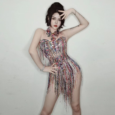 Kimshein Women's Colorful Rhinestone Fringe Crystal Beaded Shimmering Bodysuit for Party Performance 140g Fabric Weight