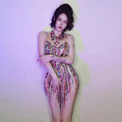 Kimshein Women's Colorful Rhinestone Fringe Crystal Beaded Shimmering Bodysuit for Party Performance 140g Fabric Weight