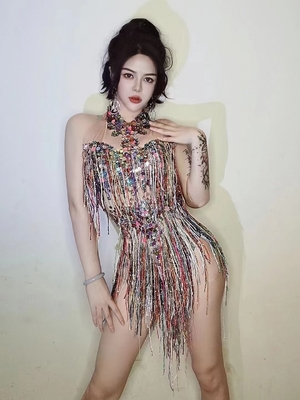 Kimshein Women's Colorful Rhinestone Fringe Crystal Beaded Shimmering Bodysuit for Party Performance 140g Fabric Weight