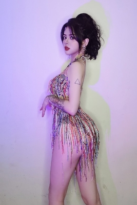 Kimshein Women's Colorful Rhinestone Fringe Crystal Beaded Shimmering Bodysuit for Party Performance 140g Fabric Weight