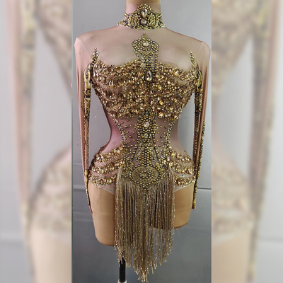 AD1510 Kimshein Women's Beachwear Long Sleeve Gold Diamond Fringe Jumpsuit Bodysuit Swimsuit with Anti-Static Technology