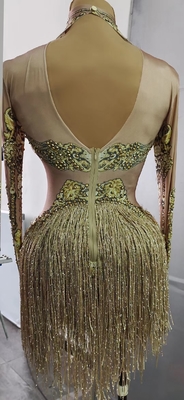 AD1510 Kimshein Women's Beachwear Long Sleeve Gold Diamond Fringe Jumpsuit Bodysuit Swimsuit with Anti-Static Technology