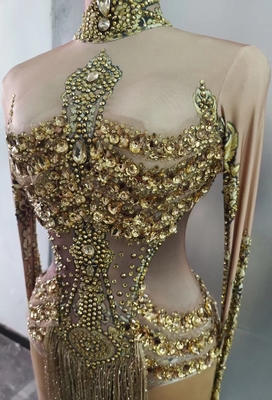 AD1510 Kimshein Women's Beachwear Long Sleeve Gold Diamond Fringe Jumpsuit Bodysuit Swimsuit with Anti-Static Technology