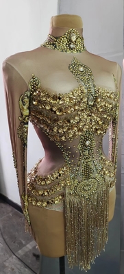 AD1510 Kimshein Women's Beachwear Long Sleeve Gold Diamond Fringe Jumpsuit Bodysuit Swimsuit with Anti-Static Technology