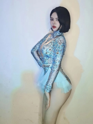 Kimshein Women's Fashion High Neck Mesh Pleated Bead Crystal Bodysuit Long Sleeve Fabric Type Fine Spun Gender Female 1523