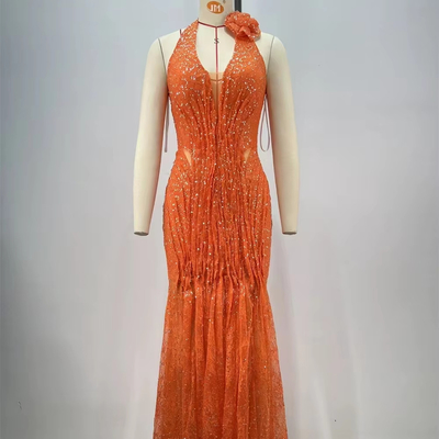 ED2708 Elegant Mermaid Backless V-neck Shiny Sexy Party Dress Sleeveless Pleated Sequin Maxi Dress for Women