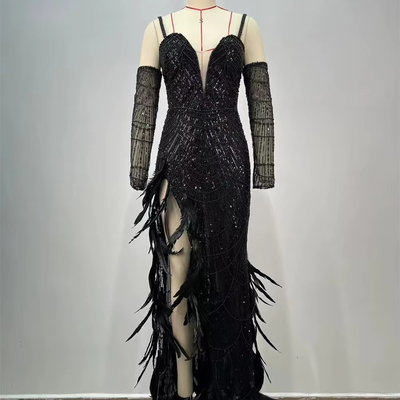 ED2713 Luxurious Sequin Embellished Black Maxi Dress with High Slit and Pearl Feather Sexy Party Dress from Guangdong