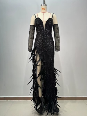 ED2713 Luxurious Sequin Embellished Black Maxi Dress with High Slit and Pearl Feather Sexy Party Dress from Guangdong