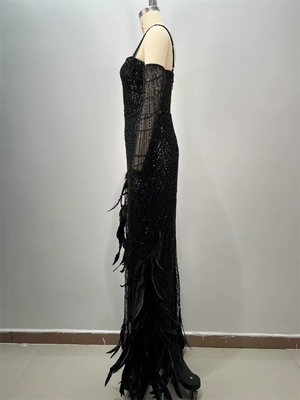 ED2713 Luxurious Sequin Embellished Black Maxi Dress with High Slit and Pearl Feather Sexy Party Dress from Guangdong