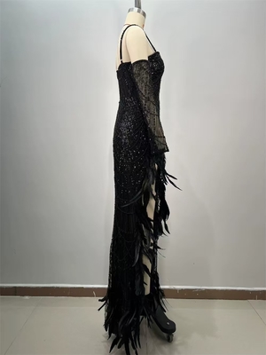 ED2713 Luxurious Sequin Embellished Black Maxi Dress with High Slit and Pearl Feather Sexy Party Dress from Guangdong