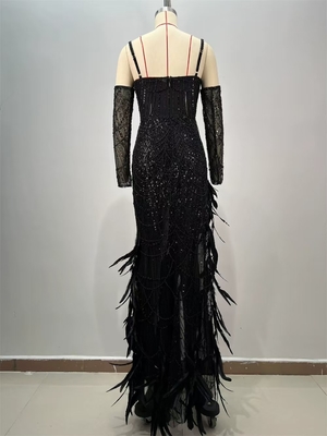 ED2713 Luxurious Sequin Embellished Black Maxi Dress with High Slit and Pearl Feather Sexy Party Dress from Guangdong