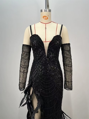 ED2713 Luxurious Sequin Embellished Black Maxi Dress with High Slit and Pearl Feather Sexy Party Dress from Guangdong