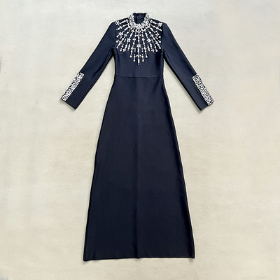 LS2631 Kimshein end Long Sleeve Maxi Crystal Dress for Women Diamond Bandage Dress No Lining No Inner Lining