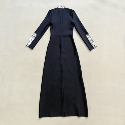 LS2631 Kimshein end Long Sleeve Maxi Crystal Dress for Women Diamond Bandage Dress No Lining No Inner Lining