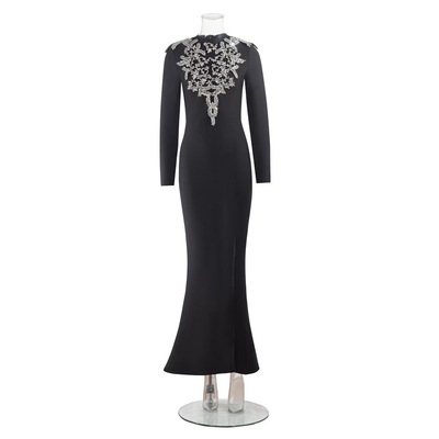 LS2627 Kimshein Women's Sexy Long Sleeve Tight Party Elegant Dress High Slit Crystal Bandage Dress for Nightclub Outfit