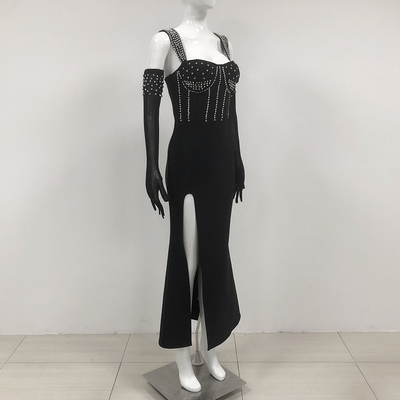 High Profile Occasion Dress SB3364 Sexy Diamond Black Bandage Dress with Crystal High Slit Maxi Dress