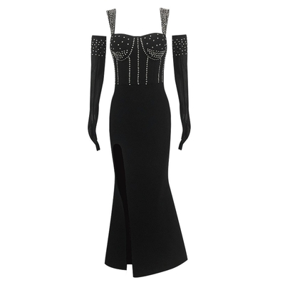 High Profile Occasion Dress SB3364 Sexy Diamond Black Bandage Dress with Crystal High Slit Maxi Dress