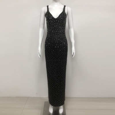 Made Sexy Role Play Dress SB3352 Summer V-neck Maxi Dress for Women Black Crystal Beaded Bandage Party Evening Gown