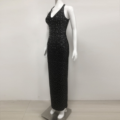 Made Sexy Role Play Dress SB3352 Summer V-neck Maxi Dress for Women Black Crystal Beaded Bandage Party Evening Gown