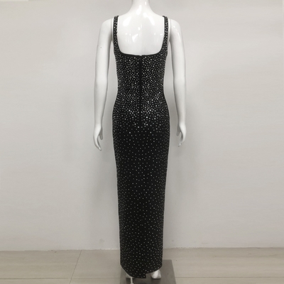 Made Sexy Role Play Dress SB3352 Summer V-neck Maxi Dress for Women Black Crystal Beaded Bandage Party Evening Gown