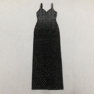 Made Sexy Role Play Dress SB3352 Summer V-neck Maxi Dress for Women Black Crystal Beaded Bandage Party Evening Gown