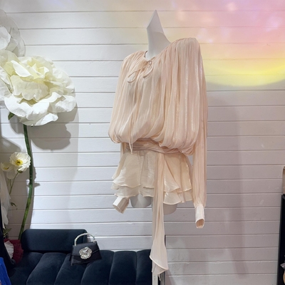 LS2624 Spring Summer Women's Long Sleeve Mini Dress with Fashionable Pleated Skirt in Other Pattern and Unique Pattern