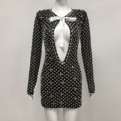 LS2581 Elegant Long Sleeve Mini Length Party Dress with Pure Color Pattern and Luxurious Pearl Crystal Embellishments