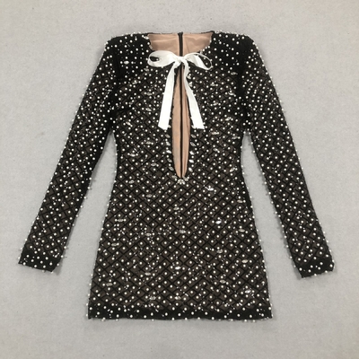 LS2581 Elegant Long Sleeve Mini Length Party Dress with Pure Color Pattern and Luxurious Pearl Crystal Embellishments