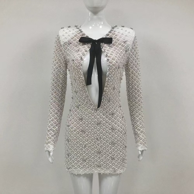 LS2581 Elegant Long Sleeve Mini Length Party Dress with Pure Color Pattern and Luxurious Pearl Crystal Embellishments