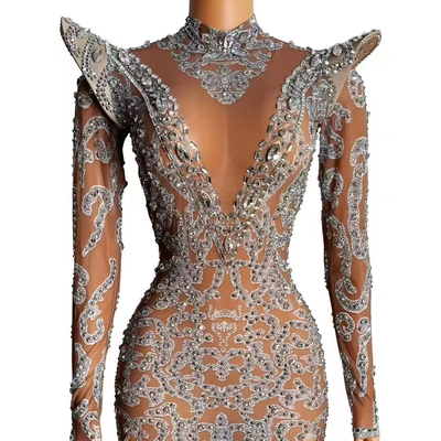 Kimshein AD2532 Luxury Fashion Crystal Long Sleeve Mini Irregular Sexy Dress for Women Solid Color Pattern 160g Fabric Weight
