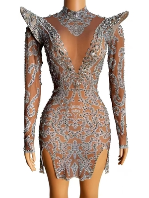 Kimshein AD2532 Luxury Fashion Crystal Long Sleeve Mini Irregular Sexy Dress for Women Solid Color Pattern 160g Fabric Weight