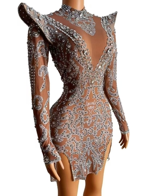Kimshein AD2532 Luxury Fashion Crystal Long Sleeve Mini Irregular Sexy Dress for Women Solid Color Pattern 160g Fabric Weight