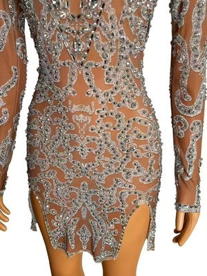 Kimshein AD2532 Luxury Fashion Crystal Long Sleeve Mini Irregular Sexy Dress for Women Solid Color Pattern 160g Fabric Weight