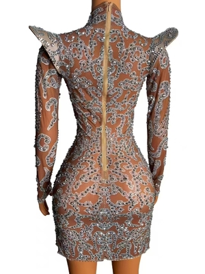Kimshein AD2532 Luxury Fashion Crystal Long Sleeve Mini Irregular Sexy Dress for Women Solid Color Pattern 160g Fabric Weight