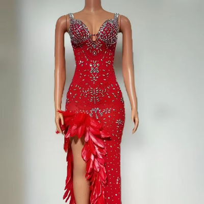 7-Day Fast Sampling AD2527 Kimshein Red Sleeveless Feather Crystal Mesh Bridesmaid Evening Dress for Customized Branding Opportunities