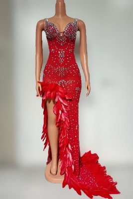 7-Day Fast Sampling AD2527 Kimshein Red Sleeveless Feather Crystal Mesh Bridesmaid Evening Dress for Customized Branding Opportunities