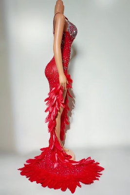 7-Day Fast Sampling AD2527 Kimshein Red Sleeveless Feather Crystal Mesh Bridesmaid Evening Dress for Customized Branding Opportunities
