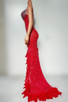 7-Day Fast Sampling AD2527 Kimshein Red Sleeveless Feather Crystal Mesh Bridesmaid Evening Dress for Customized Branding Opportunities