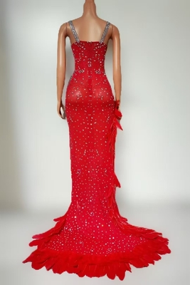 7-Day Fast Sampling AD2527 Kimshein Red Sleeveless Feather Crystal Mesh Bridesmaid Evening Dress for Customized Branding Opportunities