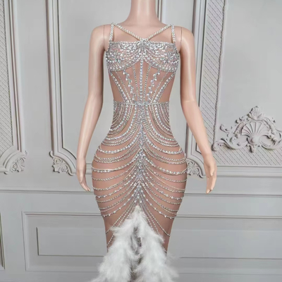 Kimshein AD2547 Women's Wedding Dress Sleeveless Mesh Thigh Split Maxi Feather Crystal Casual Evening Party Dress for Brides