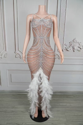 Kimshein AD2547 Women's Wedding Dress Sleeveless Mesh Thigh Split Maxi Feather Crystal Casual Evening Party Dress for Brides