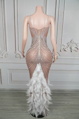 Kimshein AD2547 Women's Wedding Dress Sleeveless Mesh Thigh Split Maxi Feather Crystal Casual Evening Party Dress for Brides