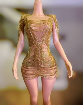 Kimshein AD2539 Gold Fashion Dance Costume Stage Performance Luxurious Fringe Crystal Rhinestone Dress with Custom Logo