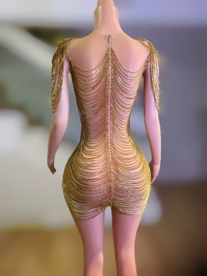 Kimshein AD2539 Gold Fashion Dance Costume Stage Performance Luxurious Fringe Crystal Rhinestone Dress with Custom Logo