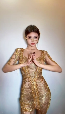 Kimshein AD2539 Gold Fashion Dance Costume Stage Performance Luxurious Fringe Crystal Rhinestone Dress with Custom Logo