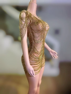 Kimshein AD2539 Gold Fashion Dance Costume Stage Performance Luxurious Fringe Crystal Rhinestone Dress with Custom Logo